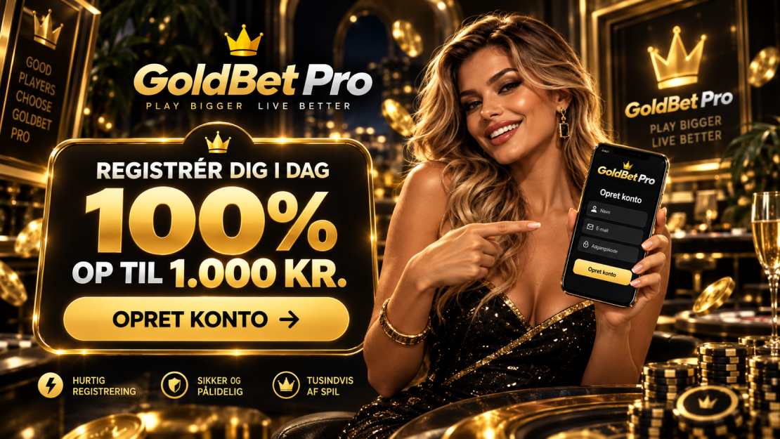 GoldBet Pro registreringsbanner med 100% bonus op til 1.000 kr. og mobil konto-oprettelse